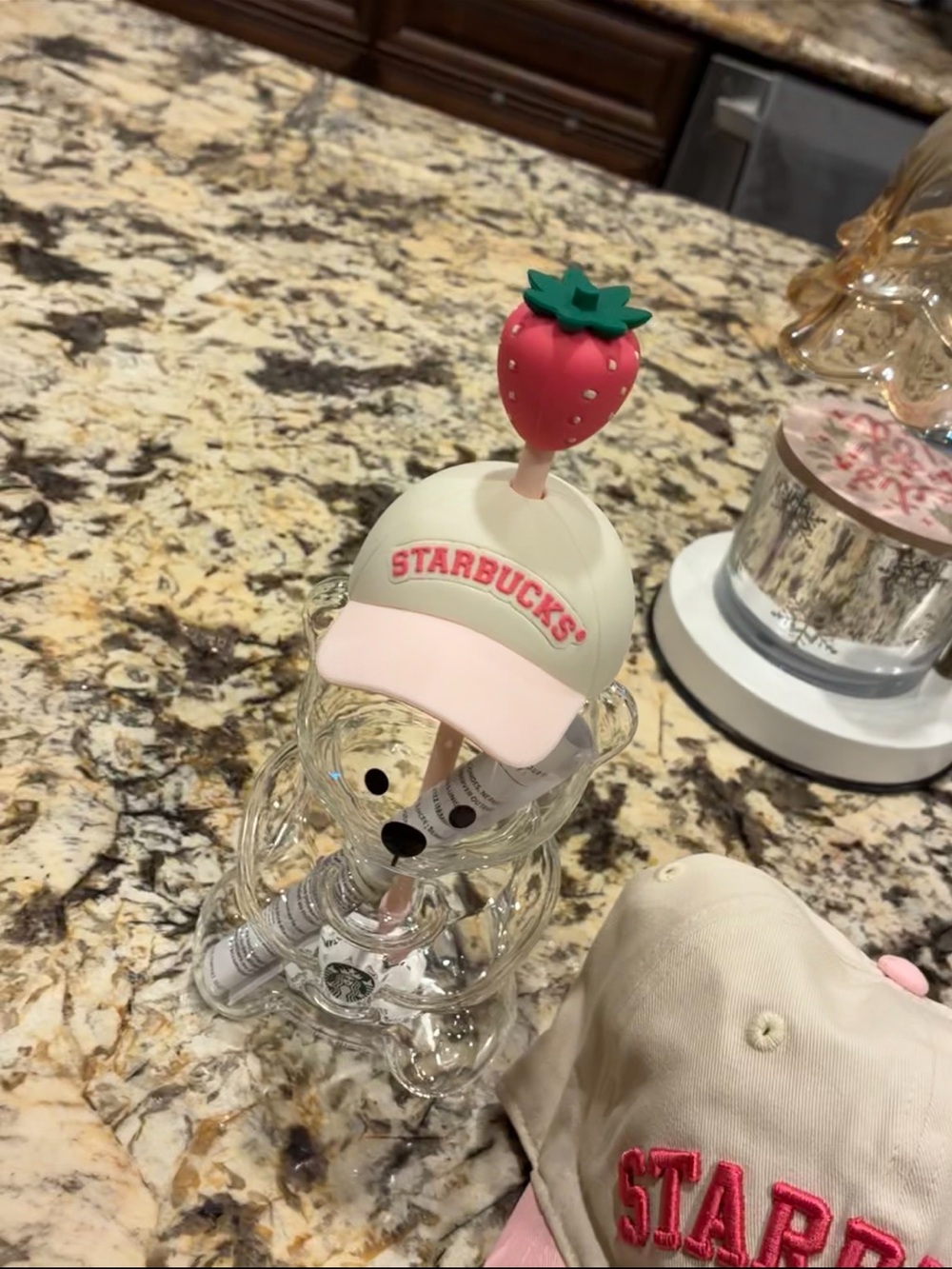 Starbucks Clear Bear Cup with Pink-and-Cream Cap and Strawberry Topper